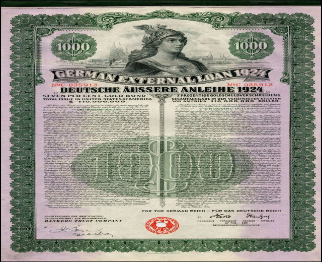 Deutsches Auslandsdarlehen-Zertifikat aus dem Jahr 1924 mit einem Porträt einer Frau, mit gedrucktem Text und numerischen Nennwertmarkierungen auf altem Papier.