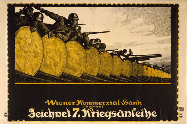 Eine Gruppe von Helmi-Trägern mit Waffen, mit dem Text "Wiener Kommerzialbank" unten, dargestellt auf einem deutschen Propagandaplakat für die deutsche Armee während des Zweiten Weltkriegs.