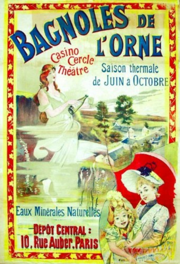 Plakat für das Casino von Bagnoles de l'Orne in Paris, das eine Frau und ein Mädchen vor Bäumen mit Text zeigt.