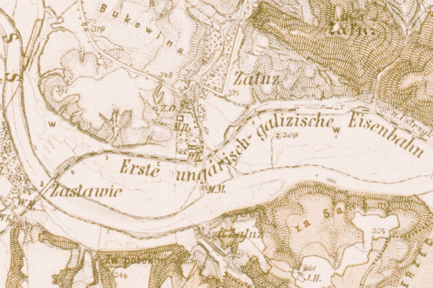 Detailierte alte Karte von Eisenbahn, Deutschland, zeigt Straßen, Gebäude und Sehenswürdigkeiten mit handgeschriebener Text.