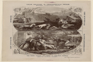 Schwarz-weißes Papier mit Illustrationen und Text, das Union-Soldaten in Andersonville Prison zeigt, die in Uniform mit Waffen dargestellt sind.