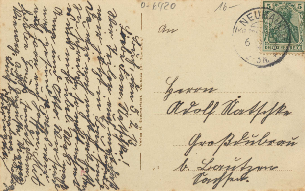 Alte deutsche Postkarte mit einer Briefmarke, versendet von Deutschland nach Deutschland, mit der Nummer 0-6920.