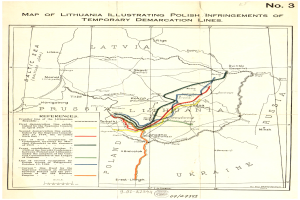 Detailierte Karte von Litauen mit markierten polnischen Überschreitungen der vorläufigen Demarkationslinien, einschließlich Städten, Dörfern und geografischen Merkmalen.