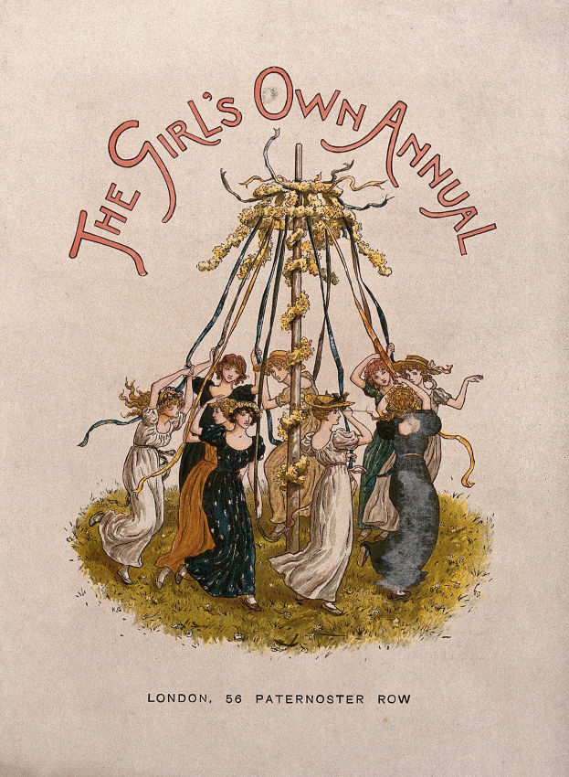 Eine Schwarz-Weiß-Illustration aus 'The Girl's Own Annual', die Kinder in bunten Kleidern beim Tanzen um einen geschmückten Maibaum mit Bändern zeigt.
