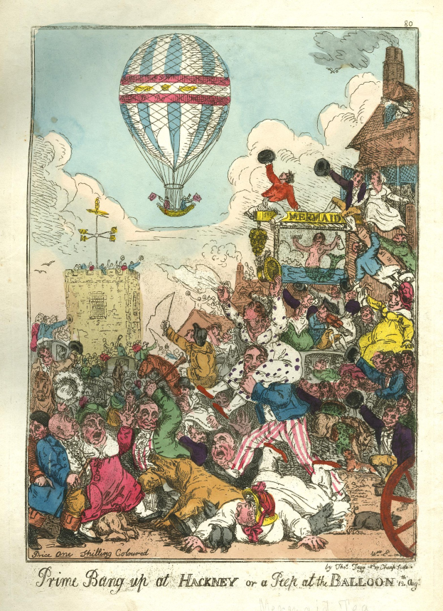 Cartoon eines Heißluftballons, der über eine Menschenmenge fliegt, mit einem Fallschirm am Himmel und Gebäuden im Hintergrund, und Text unten.