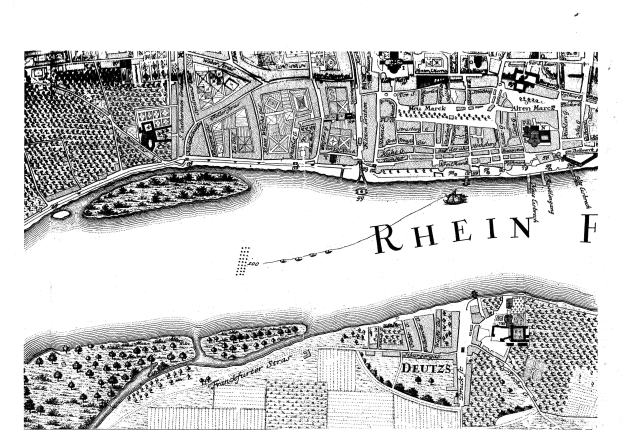 Schwarze und weiße detaillierte Karte der Stadt Rhein, Deutschland, mit einem Fluss, der hindurchfließt, zeigt Straße, Gebäude und andere Merkmale.