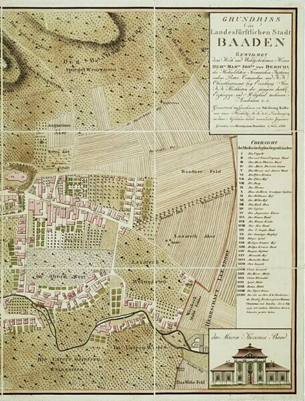 Ein detailliertes altes Stadtplan von Baden-Württemberg, Deutschland, der Straßen, Gebäude und Sehenswürdigkeiten zeigt, mit Text, der zusätzliche Stadtinformationen und ein Gebäude im rechten unteren Eck bereitstellt.