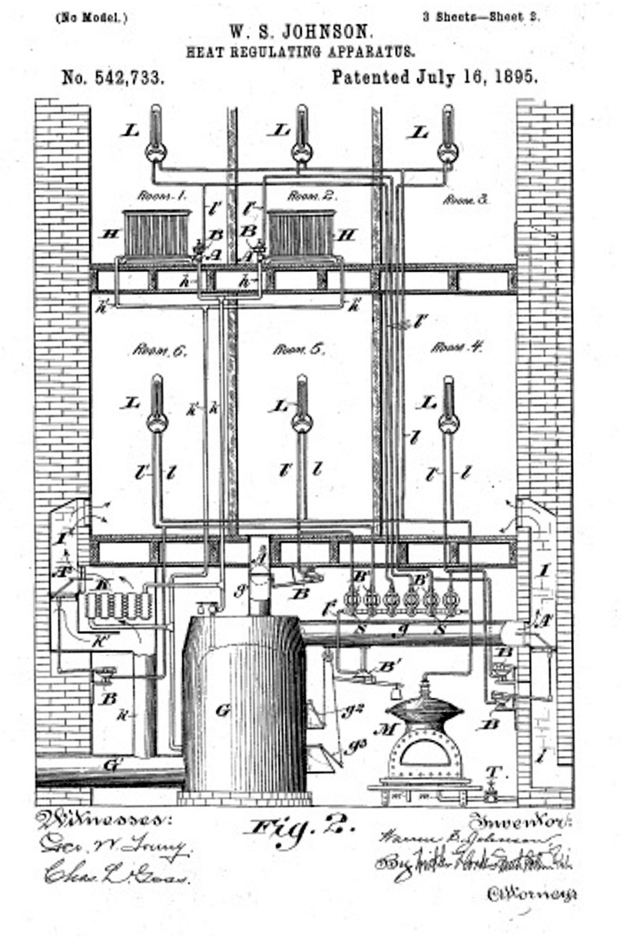 Schwarz-weiß-technische Zeichnung eines 1885 Wärme regulierenden Geräts mit zahlreichen Rohren und Ventilen, begleitet von erklärendem Text.