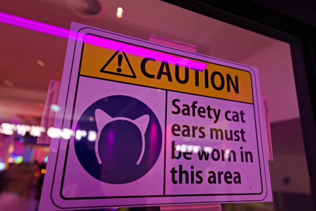 Hellgelbes Warnschild in einem Ladenschaufenster mit schwarzem Text, der "Warnung: Sicherheits-Katzenohren müssen in diesem Bereich getragen werden" lautet.