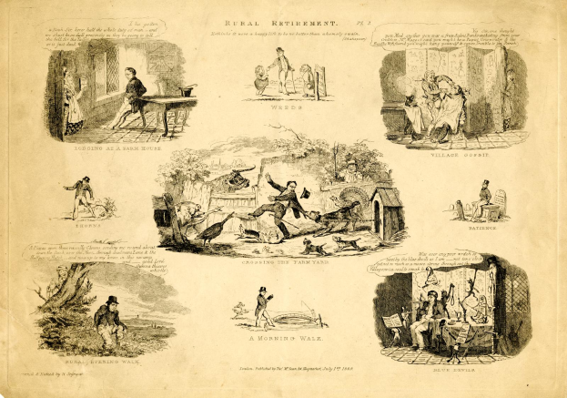 Ein altes Buch mit dem Titel "Rural Retiree" veröffentlicht 1824 von John Devils, das eine Zeichnung einer Gruppe von Menschen in einem Garten zeigt, umgeben von Bäumen und anderen Gegenständen.