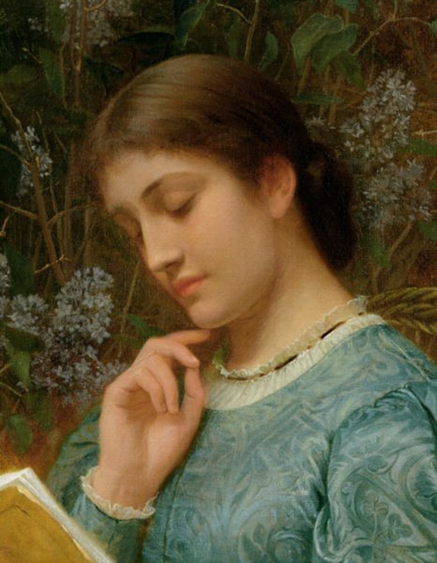 Gemälde einer Frau in einem blauen Kleid, die ein Buch in einem üppigen Garten liest, von William-Adolphe Bouguereau.