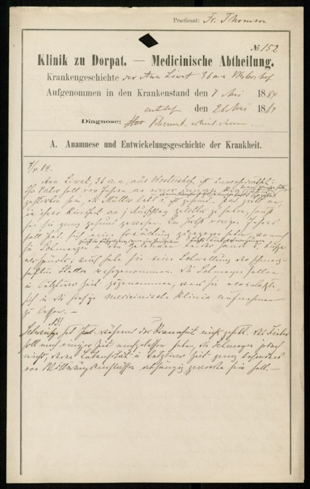 Schwarz-weiß-Foto eines medizinischen Dokuments mit sauberer, lesbarer Handschrift auf altem Papier.