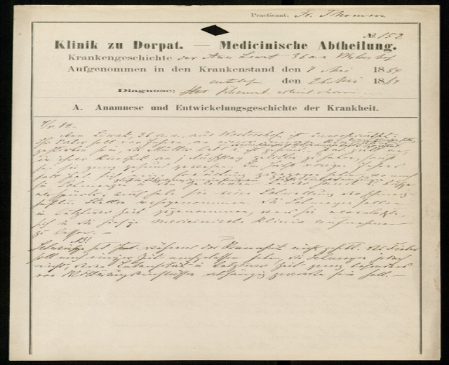Schwarz-weiß-Foto eines medizinischen Dokuments mit sauberer, lesbarer Handschrift auf altem Papier.