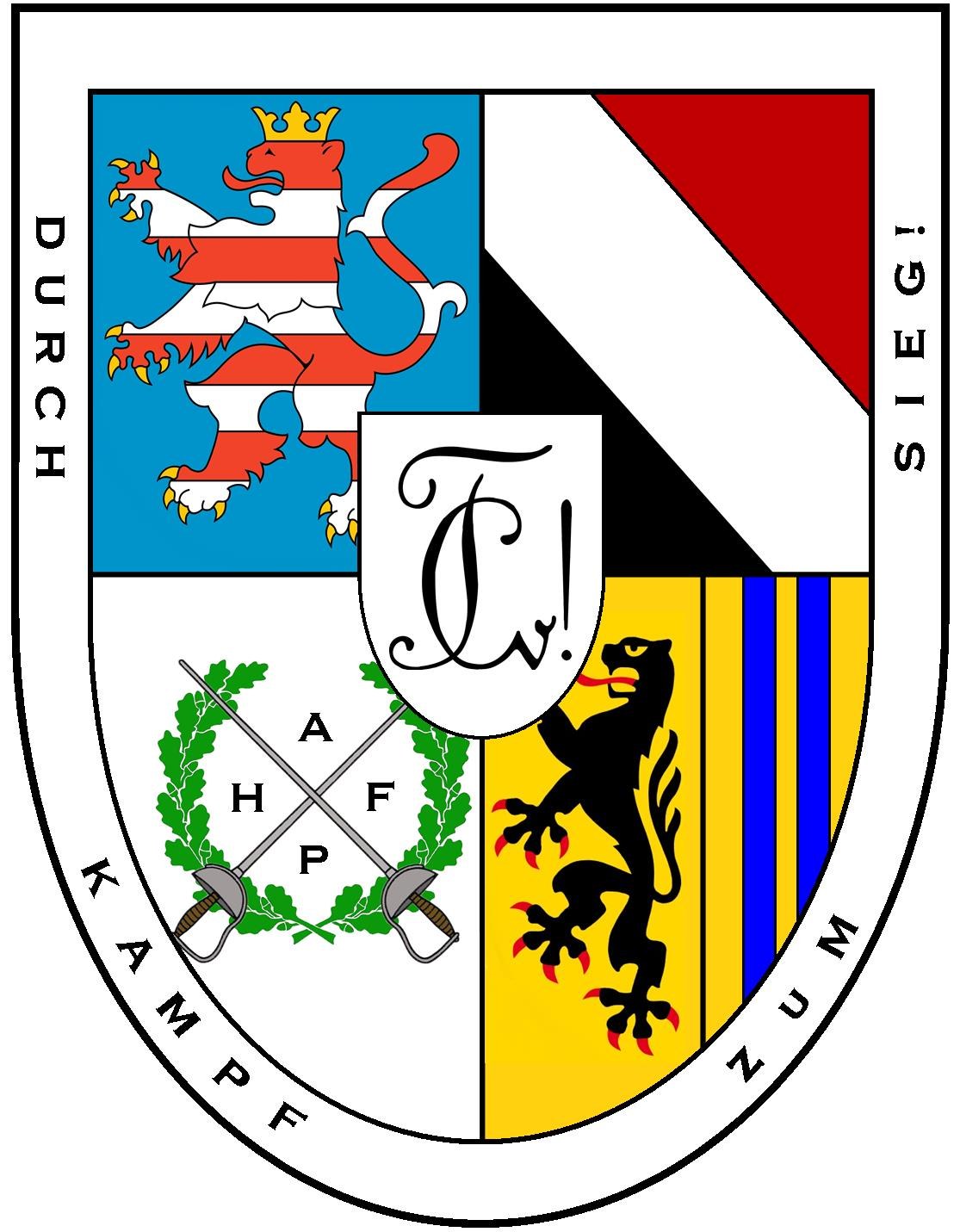 Wappen von Stuttgart mit zwei Löwen, die ein gekröntes Schild mit 'Stuttgart' auf einem Banner flankieren, umgeben von einem Lorbeerkranz und gekrönt mit einem rot-weiß karierten Muster.