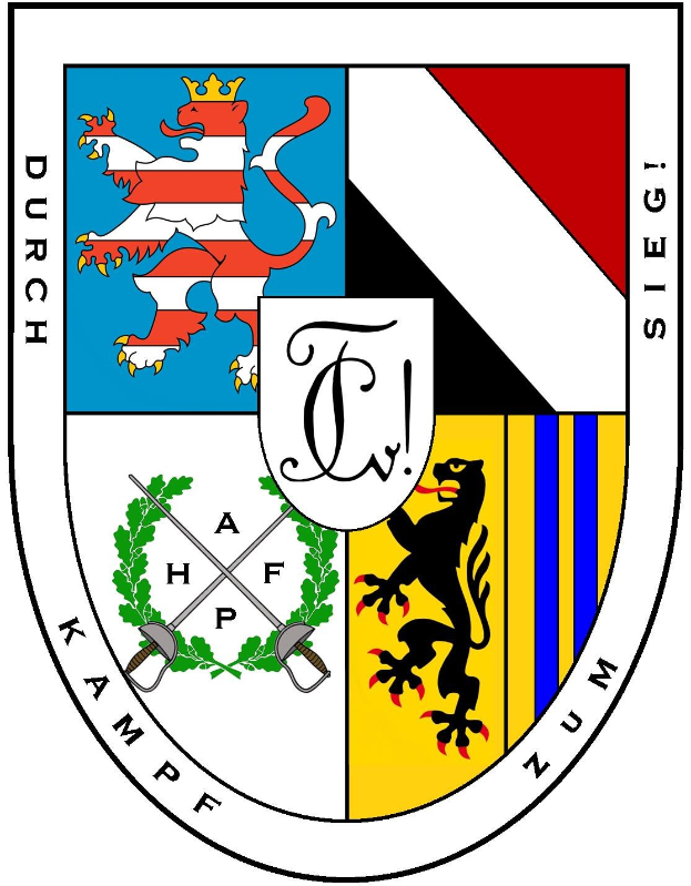 Wappen von Stuttgart mit zwei Löwen, die ein gekröntes Schild mit 'Stuttgart' auf einem Banner flankieren, umgeben von einem Lorbeerkranz und gekrönt mit einem rot-weiß karierten Muster.
