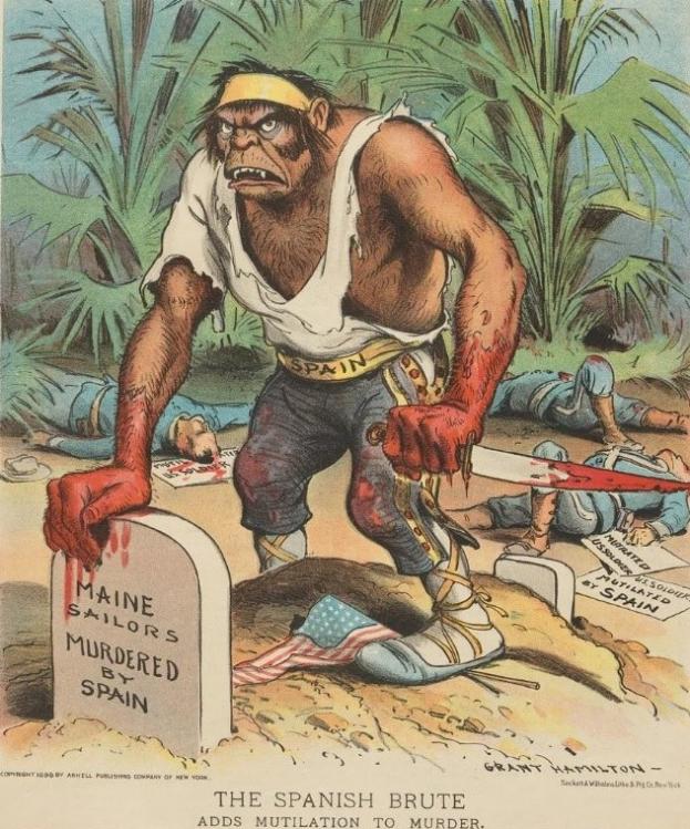 Cartoon eines Mannes mit einem Messer, der über einem Grab mit Text steht, umgeben von liegenden Figuren und Bäumen, mit der Bildunterschrift "Der spanische Barbar fügt Verstümmelung zum Mord hinzu" unten.