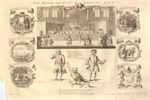 Papierillustration, die die Gefahren und Konsequenzen einer Rechtsverfolgung zeigt, mit verstörten Figuren, die Furcht und Verwirrung öffnen, begleitet von fettem Text, der die Schwere der Situation betont.