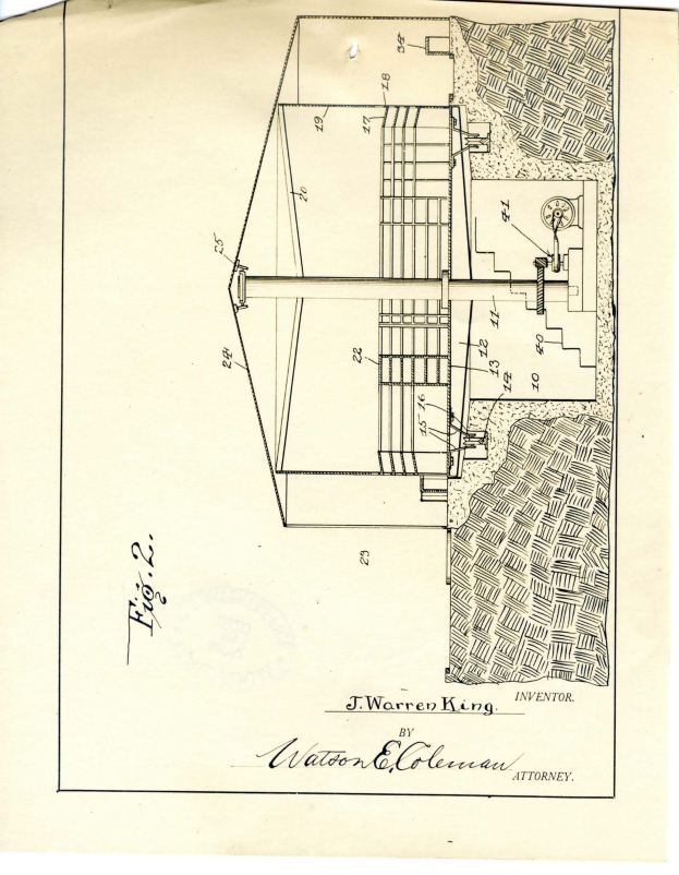 Ein detailliertes Gebäude- und Wasserpumpen-Zeichnung auf Papier mit Zahlen und Text, beschriftet als Patent unten.