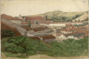 Gemälde einer kleinen Stadt mit einer Kirche im Hintergrund, umgeben von Bäumen, Hügeln und einem klaren blauen Himmel, beschriftet mit "Wiesbaden, Deutschland, 1824" unten.