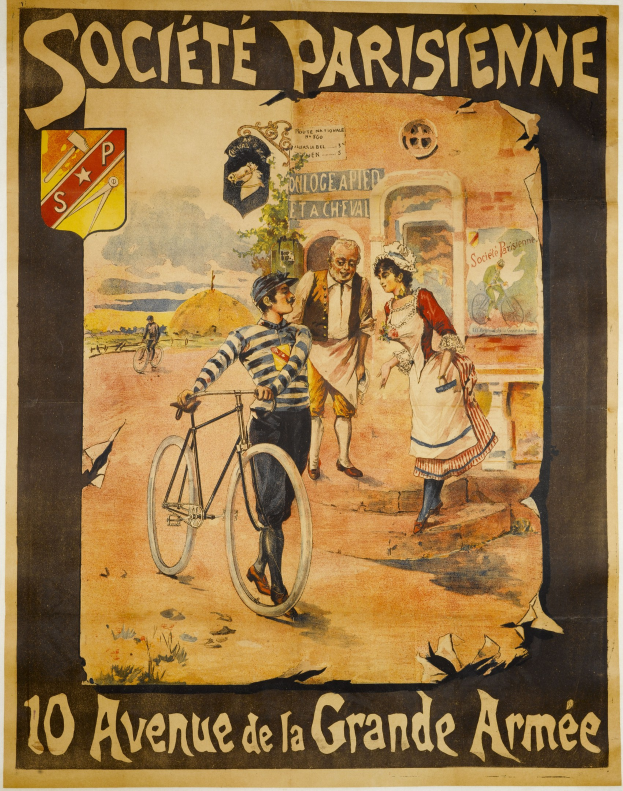 Plakat für einen Fahrradrennen in Paris, Frankreich, das eine Gruppe von Menschen zeigt, von denen einer ein Fahrrad hält, ein Gebäude im Hintergrund und Text, der das Ereignis beschreibt.