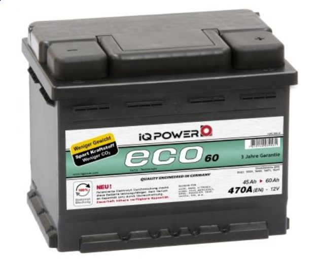 Ein iqpower eco 60 Auto-Batterie ist vor einem weißen Hintergrund mit einem Wasserzeichen in der linken oberen Ecke zu sehen.