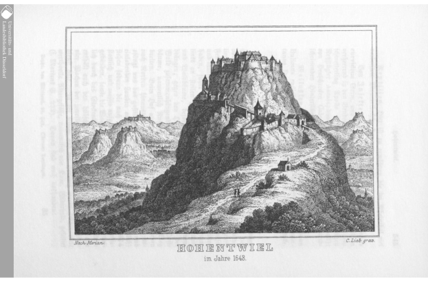 Schwarze und weiße Radierung von Schloss Hohentwiel in Deutschland auf einem Berg mit Bäumen und Hügeln darunter, mit Text unten.