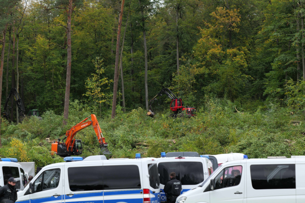 Eine Gruppe von Polizeiwagen in einem Waldgebiet geparkt mit Officers und Bagger im Hintergrund.