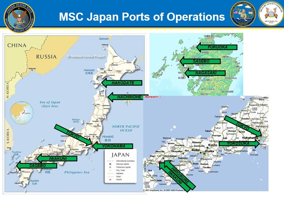 Plakat mit einer Karte der MSC Japan-Ports, begleitet von Logos oben und fetter Schrift.
