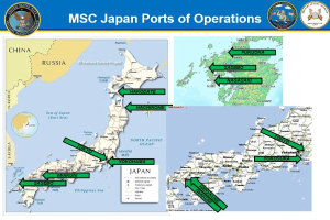 Plakat mit einer Karte der MSC Japan-Ports, begleitet von Logos oben und fetter Schrift.