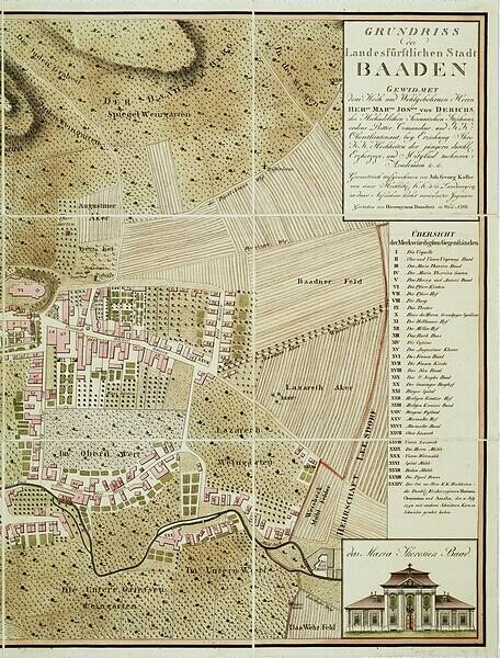 Alte detaillierte Karte von Baden-Württemberg, Deutschland, mit einem Gebäude in der rechten unteren Ecke, die Straßen, Gebäude und andere Merkmale zeigt, begleitet von Text mit Bevölkerungsangaben, Sehenswürdigkeiten und Straßeninformationen.