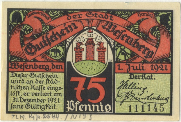 Alte deutsche Banknote mit einem Gebaude, 'Bundesliga'-Text und Logo auf weissem Hintergrund.