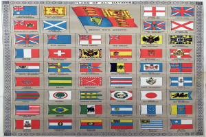 Ein Plakat mit einem Raster von Flaggen aus verschiedenen Ländern, jede mit eigenen Designs, Farben und fetter Schrift.