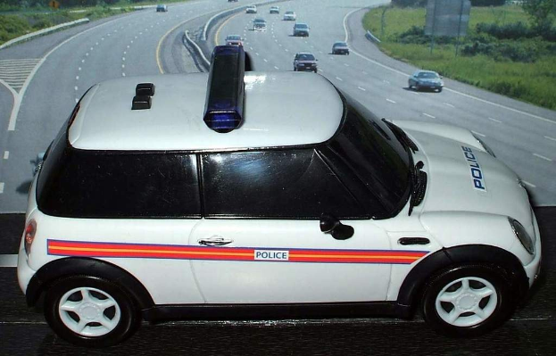 Weißer Polizeiwagen vor einer Reihe fahrender Fahrzeuge auf einer von Gras und Bäumen gesäumten Straße außerhalb einer Stadt.