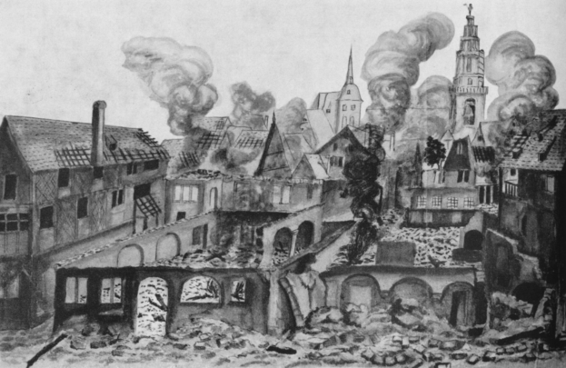 Ein Schwarz-Weiß-Zeichnung einer zerstörten Stadt mit Rauch, der aus den Gebäuden aufsteigt, zeigt die Auswirkungen der Deutschen Revolution.