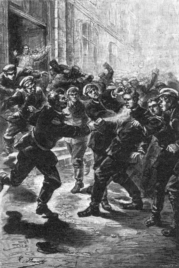 Schwarze und weiße Illustration einer gewalttätigen Straßenschlacht unter einer Gruppe von Männern, mit einem Gebäude im Hintergrund und der Unterschrift "Victorian riots in London, England" unten.