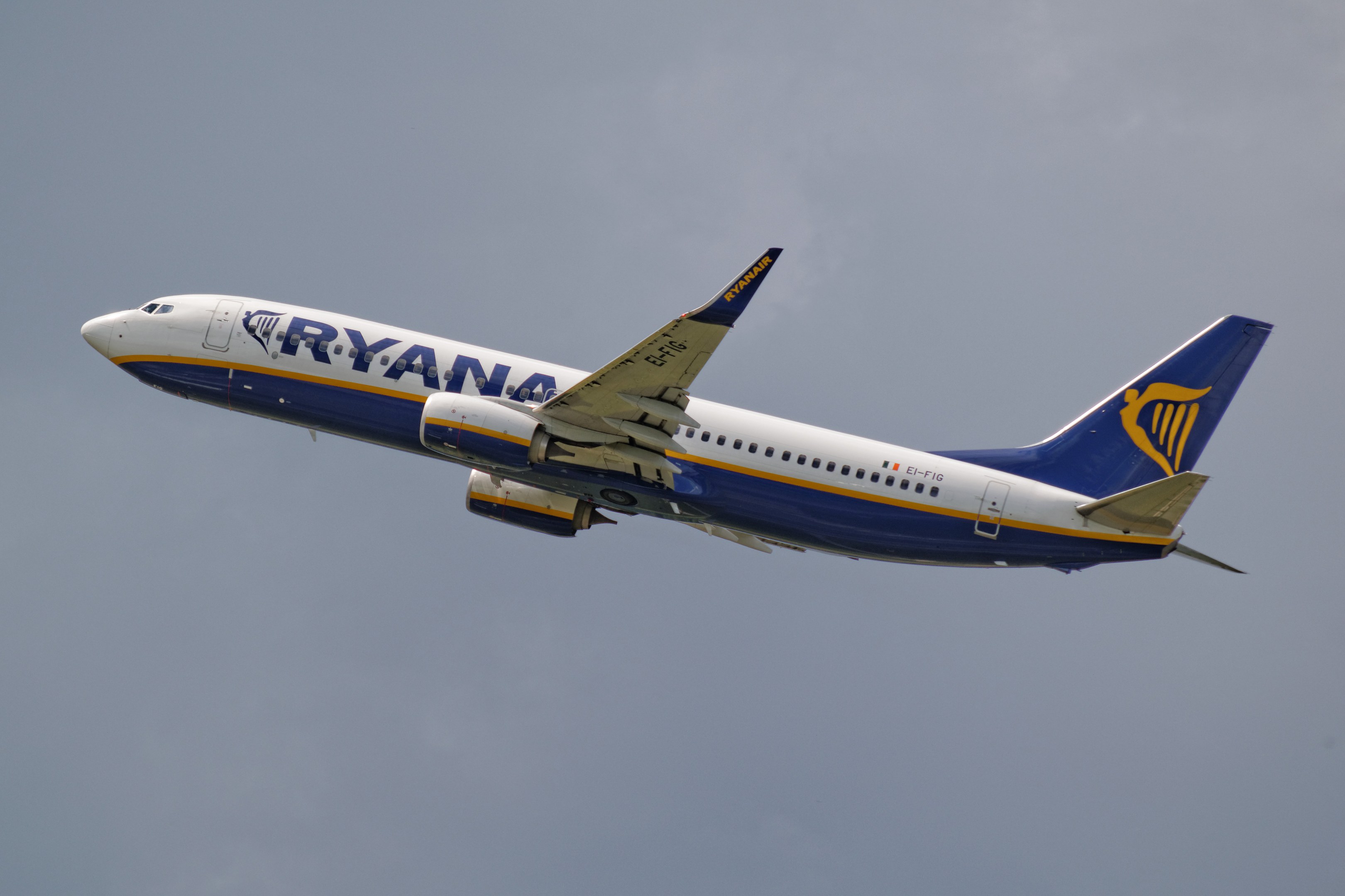 Ein Ryanair Boeing 737-800 im Flug, der seine weiße, blaue und gelbe Lackierung gegen einen blauen Himmel absetzt.