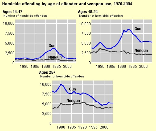 Diagramm, das die Homicid-Offending-Rate nach Alter des Täters und Waffengebrauch von 1976 bis 2004 zeigt, mit begleitendem erklärendem Text.