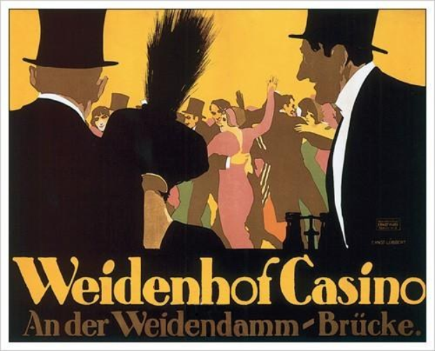 Ein Plakat, das das Weidenhof Casino in Brücke, Deutschland bewirbt, zeigt eine lebendige Illustration von Menschen, die tanzen und Spaß haben, mit den Worten "Weidenhof" in fetter Schrift darüber, eingerahmt von einem schwarzen Rand.
