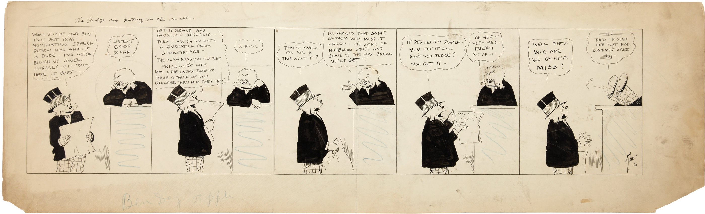 Ein Comic-Strip-Panel Mit Einem Mann In Einem Zylinder Und Einer Frau In Einem Kleid, Die In Einer Debatte Engagiert Sind, Mit Dem Mann, Der Ein Stück Papier Hält.