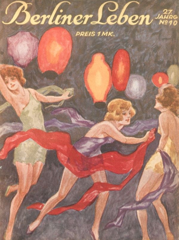 Titelbild des *Berliner Leben*-Magazins mit einem Gemälde von drei Frauen in bunten Kleidern, die mit ausgestreckten Armen tanzen und von farbenfrohen Ballons umgeben sind.