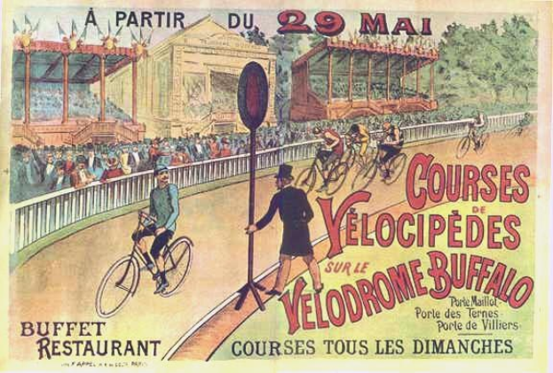 Plakat, das Fahrräder und Automobile in Cottereau und Dijon, Frankreich, zeigt, mit Menschen auf Fahrrädern und einer Kutsche mit der Aufschrift "Fahrräder und Automobile" oben.