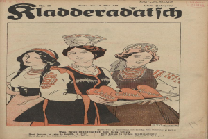 Ein altes Buchcover mit drei Frauen in traditioneller bayerischer Tracht, wobei eine ein Teller mit einem herzförmigen Objekt hält, betitelt "Riaderadatich, September 1918".