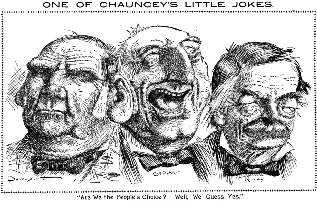 Plakat mit dem Titel "Einer von Chaunceys kleinen Scherzen" mit einer Zeichnung von drei lachenden Menschen.