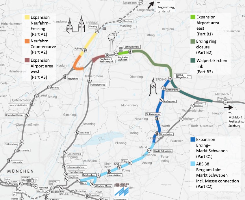 Eine detaillierte Stadtkarte mit einer hervorgehobenen Zugroute von München nach Frankfurt, einschließlich Haltestellen und Umgebung, mit zusätzlichen Informationen zum Zug.