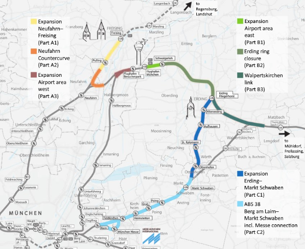 Eine detaillierte Stadtkarte mit einer hervorgehobenen Zugroute von München nach Frankfurt, einschließlich Haltestellen und Umgebung, mit zusätzlichen Informationen zum Zug.