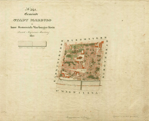 Detailreiches altes Stadtplan von Marburg mit Straßen, Gebäuden und markanten Punkten mit beschreibenden Textanmerkungen.