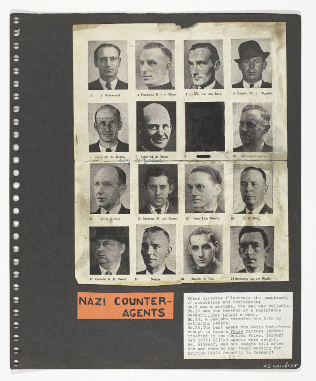 Ein Schwarz-Weiß-Foto eines Mannes im Anzug und mit dunkler, zurückgekämmter Haarpracht, der direkt in die Kamera schaut und einen ernsten Gesichtsausdruck hat, mit den Worten 'Nazi-Gegenspionage' darauf geschrieben.