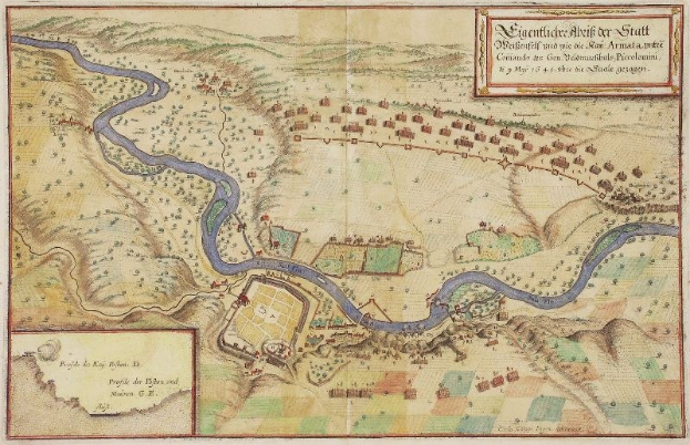 Alte detaillierte Karte von Stuttgart, Deutschland, mit einem Fluss, Straßen, Gebäuden und Textanmerkungen.