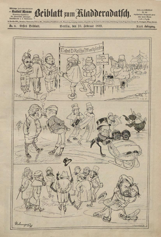 Ein altes deutsches Zeitungsfoto mit einer Karikatur eines besorgten Mannes in Zylinder und einer besorgten Frau in einem Kleid, mit Text und Zahlen auf der Seite.