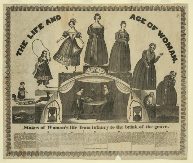 Eine farbenfrohe Papierreproduktion, die die Lebensphasen von Frauen von der Kindheit bis ins hohe Alter zeigt, mit deutlichen Texten und detailreichen Illustrationen.